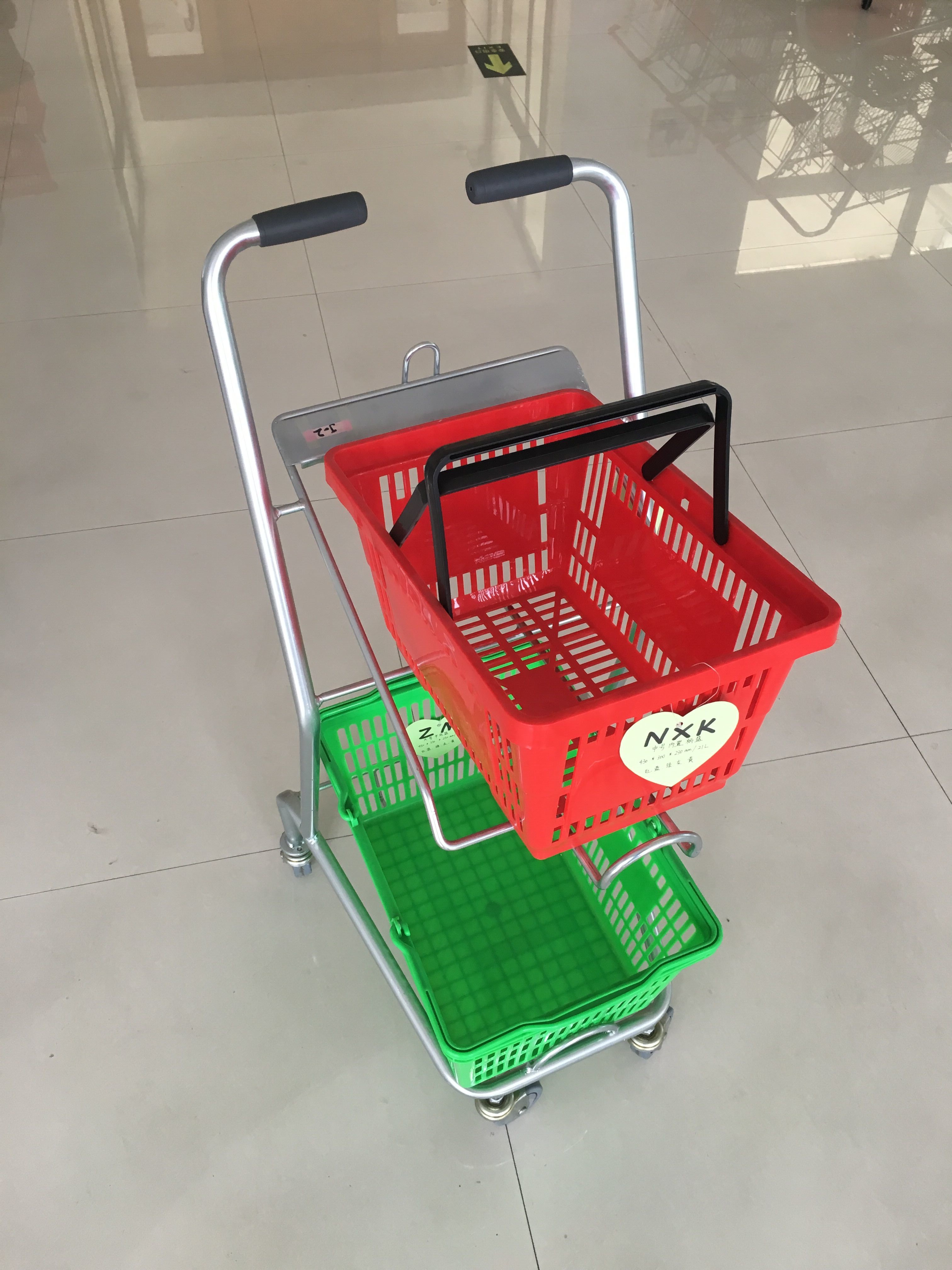 Super Market Shopping Basket Trolley , Flat Casters Double Basket Shopping Trolley
